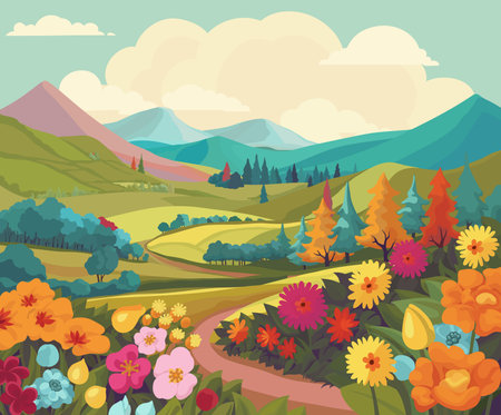 Fields Hills Flowers Country Landscape Backgroundのイラスト素材