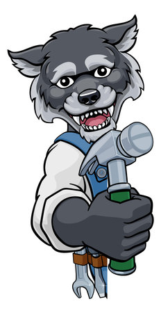 Wolf Carpenter Handyman Builder Holding Hammerのイラスト素材