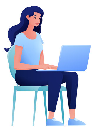 Woman Using Laptop Computer Cartoon Illustrationのイラスト素材