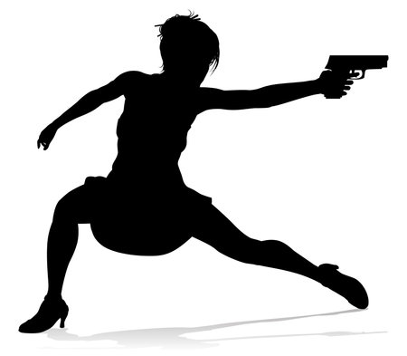 Woman Silhouette Action Secret Agent Spy With Gunのイラスト素材