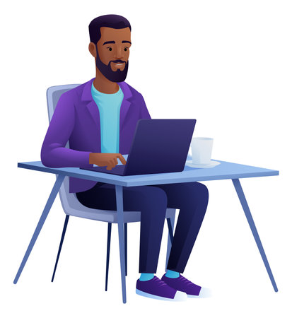 Man Using Laptop Computer Cartoon Illustrationのイラスト素材