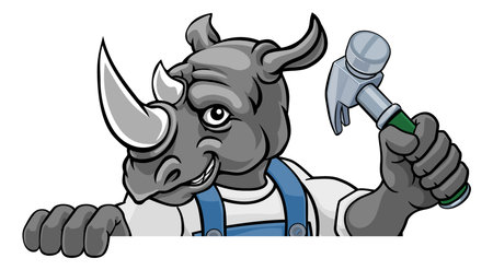Rhino Carpenter Handyman Builder Holding Hammerのイラスト素材