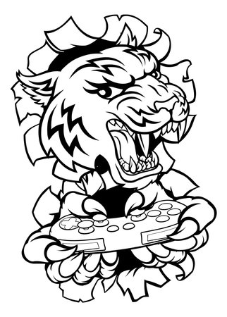 Tiger Gamer Video Game Controller Cartoon Mascotのイラスト素材