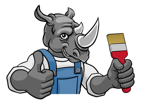 Rhino Painter Decorator Holding Paintbrushのイラスト素材