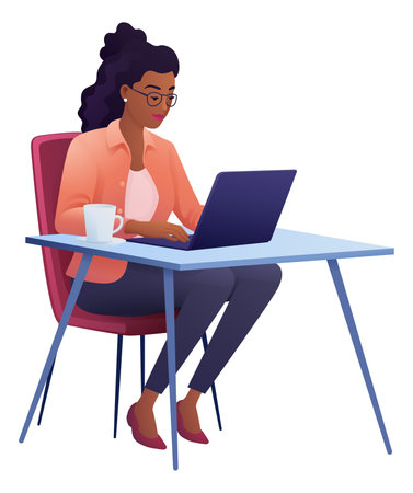 Woman Using Laptop Computer Cartoon Illustrationのイラスト素材