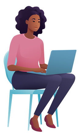 Woman Using Laptop Computer Cartoon Illustrationのイラスト素材