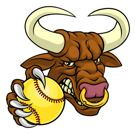Bull Minotaur Longhorn Cow Softball Mascot Cartoonのイラスト素材