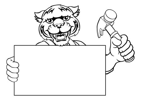Tiger Hammer Cartoon Mascot Handyman Carpenterのイラスト素材