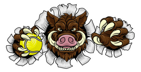 Boar Wild Hog Razorback Warthog Pig Tennis Mascotのイラスト素材