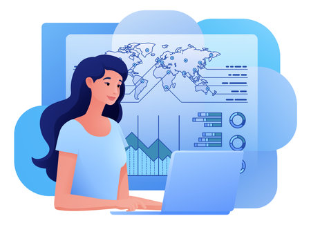 Finance Analysis Woman Remote Working Cartoonのイラスト素材