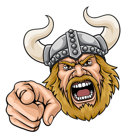 Viking Warrior Pointing Cartoon Sports Mascot Manのイラスト素材