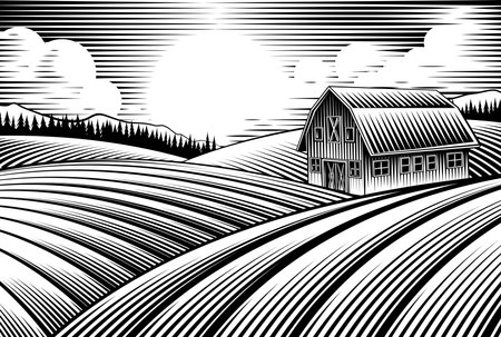 Farm Barn And Rolling Hills Vintage Woodcut Styleのイラスト素材