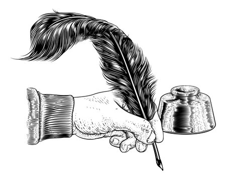 Quill Feather Ink Pen Hand Vintage Woodcut Printのイラスト素材