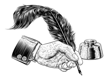 Quill Feather Ink Pen Hand Suit Vintage Woodcutのイラスト素材