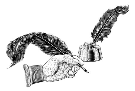Quill Feather Ink Pen Hand Vintage Woodcut Printのイラスト素材