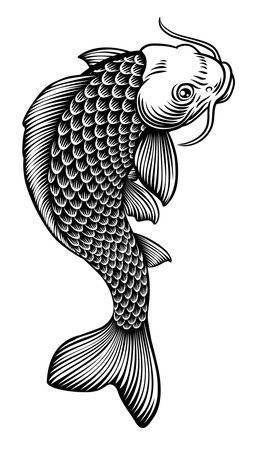 Fish Koi Carp Japanese Vintage Woodcut Designのイラスト素材