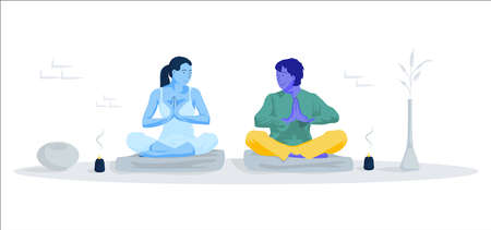 Young people in yoga pose on the floor.のイラスト素材