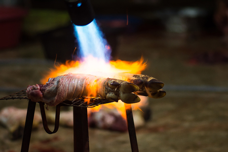 Burning pork leges before cleaning in a rural areaの写真素材