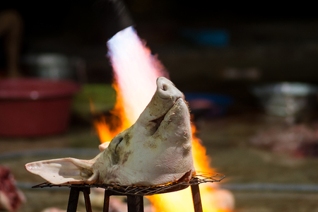Burning pork head before cleaning in a rural areaの写真素材