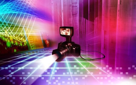 Camera 	Digital illustration of a camera with flashlight flashing	の写真素材