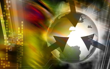 Digital illustration ofEarth and Arrows in colour background	の写真素材