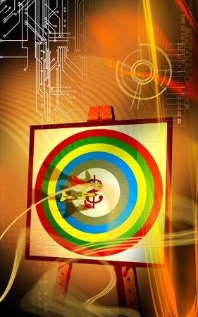 Digital illustration of dollar in a dart board	の写真素材