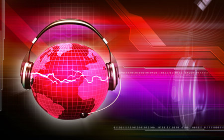 Digital illustration of a globe with head phone	の写真素材