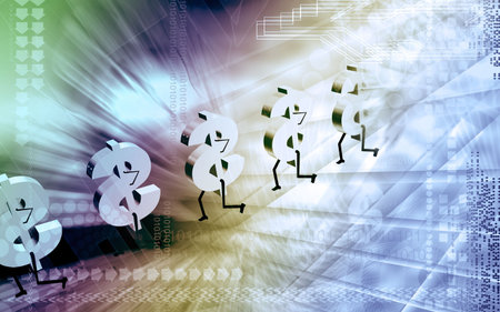 Digital illustration of dollar walking  in colour background	の写真素材
