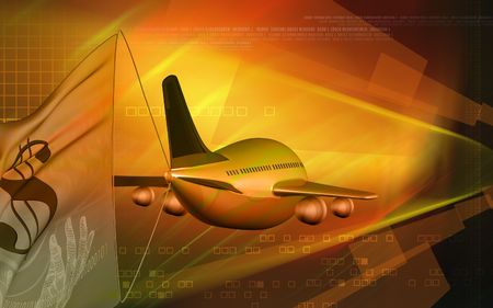 Digital illustration of dollar and aeroplane with colour background	の写真素材