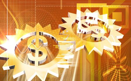 Digital illustration of Gear inside dollar in colour background	の写真素材