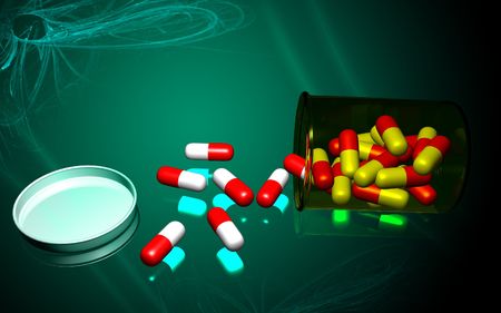 Digital illustration of capsule bottle in colour background	の写真素材
