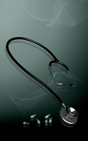 Digital illustration  of stethoscope and capsule in colour background	の写真素材
