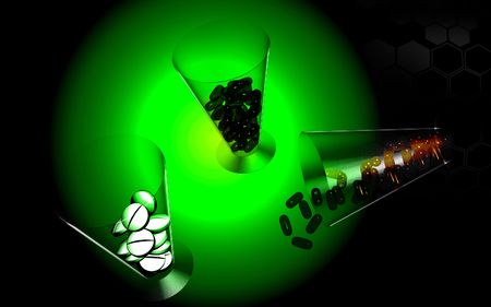 Digital illustration of tablets and containers  in colour background	の写真素材