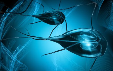 Digital illustration of a flagella bacterium in colour background	の写真素材