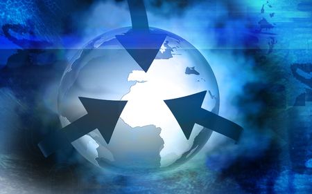 Digital illustration of orbit arrows rotating earth in colour background	の写真素材