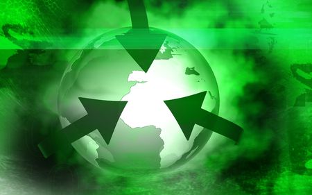 Digital illustration of orbit arrows rotating earth in colour background	の写真素材