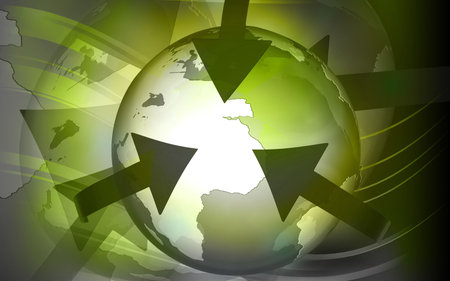 Digital illustration of orbit arrows rotating earth in colour background	の写真素材
