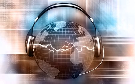 Digital illustration of a globe with head phone	の写真素材