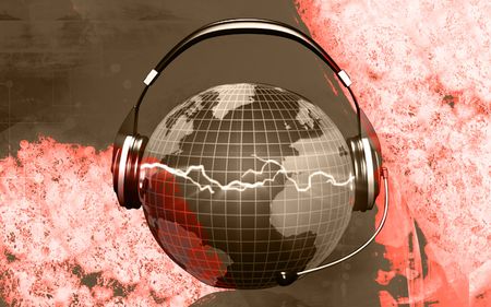 Digital illustration of a globe with head phone	の写真素材