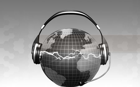 Digital illustration of a globe with head phone	の写真素材