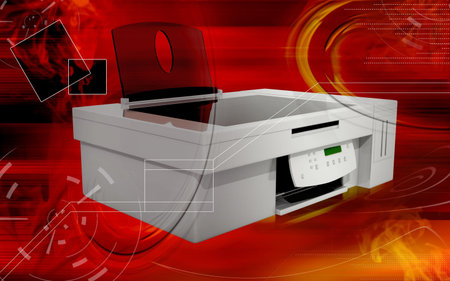 Digital illustration of printer in colour background	