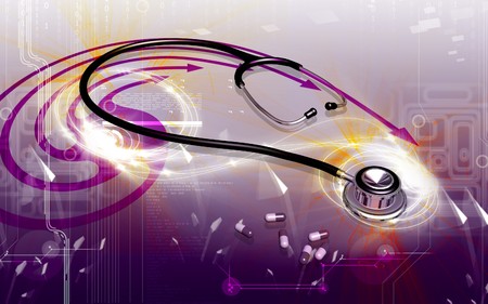 Digital illustration  of stethoscope and capsule in colour background	の写真素材