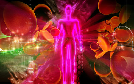 Digital illustration of  blood cell and human body in colour  background 	の写真素材