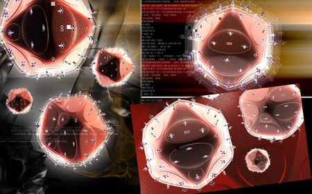 Digital illustration of  HIV  in colour background 	
