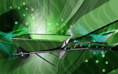 Digital illustration of metal tray wheel barrow in colour background	の写真素材