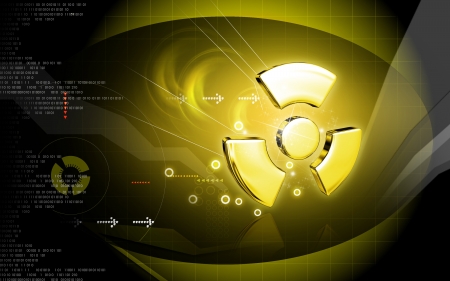 Digital illustration of radiation symbol in colour background	の写真素材