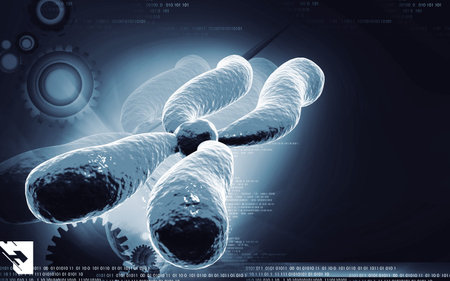 Digital illustration  of chromosome in   colour background  	