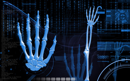 Digital illustration of hand bone in colour backgroundのeditorial素材