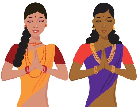Young Indian girl greeting namaste in traditional clothingのイラスト素材