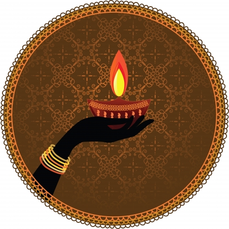 Woman Hands adorned with bangles Holding diwali oil lamp on a seamless pattern with framed background - Inspired by Indian art henna - Detailed and easily editableのイラスト素材